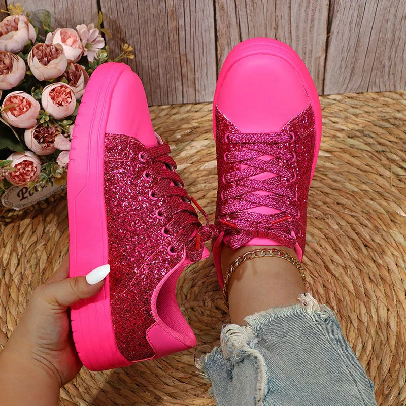Glitter Sequin Design Flats Shoes Women Trendy Casual Thick-soled Lace-up Sneakers Fashion Skateboard Shoes - Bellarte Enchanté Glitter Sequin Design Flats Shoes Women Trendy Casual Thick-soled Lace-up Sneakers Fashion Skateboard Shoes